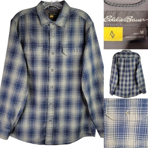 Eddie Bauer Mens Medium Travex LS Blue Gray Plaid Button Down Shirt Hike Camp - Picture 1 of 9